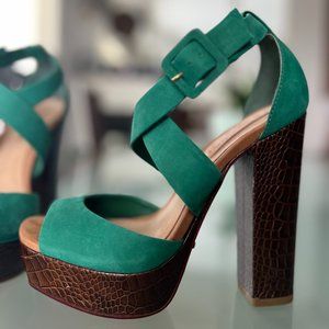 Schutz Heels - Jade with dark brown snakeskin platform